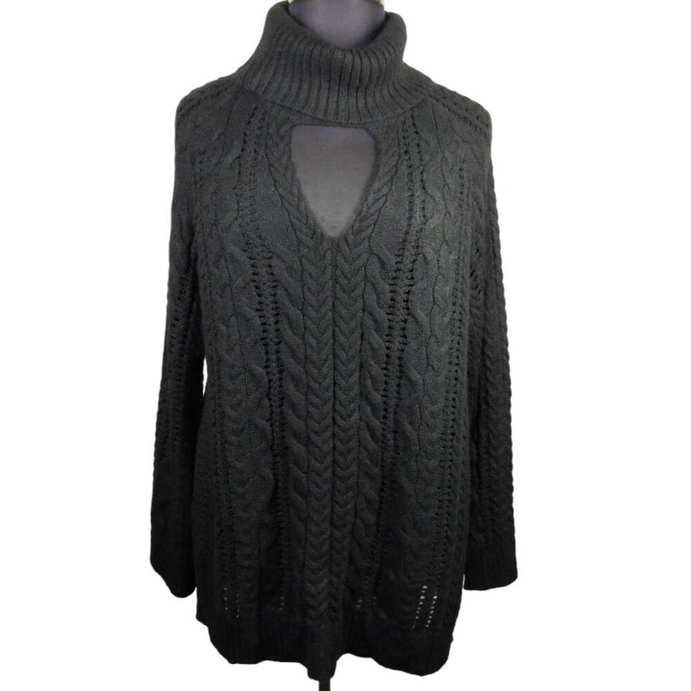 Lane Bryant Black Cable Knit Flare Sleeve Cowl Neck Cut Out Sweater Plus 26-28